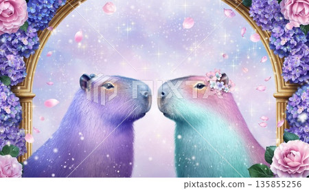 紫色和藍色水豚在花拱門下相遇，構成了一幅奇幻的畫面。 135855256