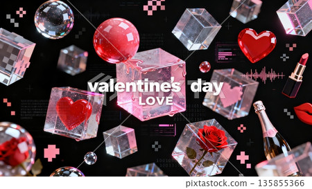 Valentine's Day Romantic Ad Poster, featuring heart, rose, lipstick, champagne, heart lock and cyber cubes sphere love decorations 135855366