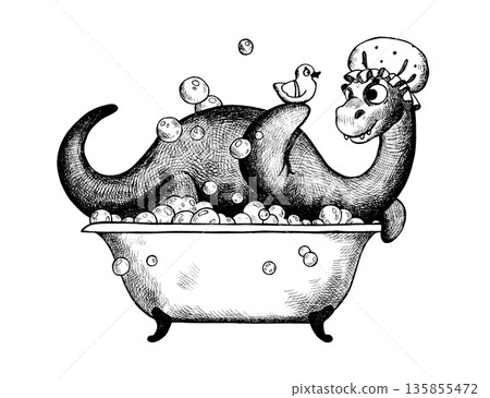 Cute dinosaur in a bubble bath 135855472