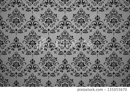 Wallpaper in the style of Baroque. Gray and black floral ornament. Seamless vector background. Graphic pattern for fabric, wallpaper, packaging. Ornate Damask flower illustration Wallpaper in the style of Baroque. Gray and black floral ornament. Seamless vector background. Graphic pattern for fabric, wallpaper, packaging. Ornate Damask flower illustration 135855670