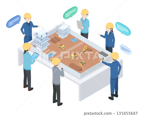 People holding a meeting while checking the status of the construction site 135855687