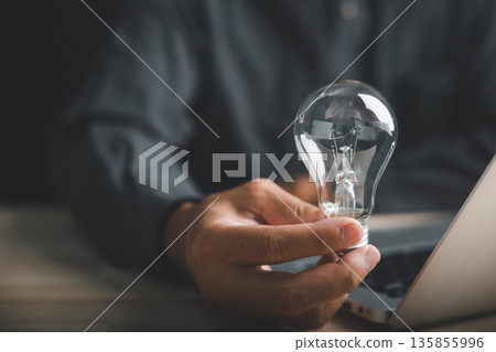 A hand holding a lightbulb, representing new ideas and innovation, with a laptop in the background. 135855996