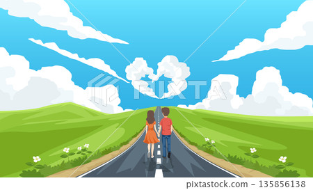 Back view of couple holding hands and walking together on a asphalt road. Through a green meadow under a bright blue sky vector illustration. For banner valentine day's. Back view of couple holding hands and walking together on a asphalt road. Through a green meadow under a bright blue sky vector illustration. For banner valentine day's. 135856138