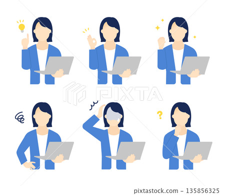 A simple image of a working female business person and a computer. Illustration material A simple image of a working female business person and a computer. Illustration material 135856325