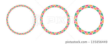 Mexican pattern circle frame set. African ethnic motif border. Aztec triangular ornament round frame. Mexican frame. African ethnic culture ornament. Vector illustration isolated on white background 135856449