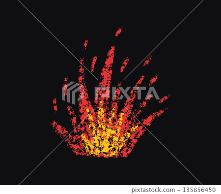 Doodle fire in crayon style. Hand drawn flame with grunge texture. Graphic element for fun collage, sticker. Crayon doodle red and yellow fire. Vector pencil illustration isolated on black background 135856450
