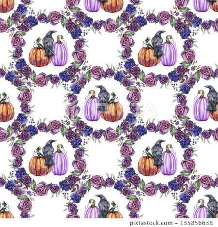 A watercolor seamless pattern featuring mystical ravens perched on pumpkins, framed by lush purple and blue rose wreaths. Elegant gothic harvest aesthetic for seasonal decor and floral design 135856638