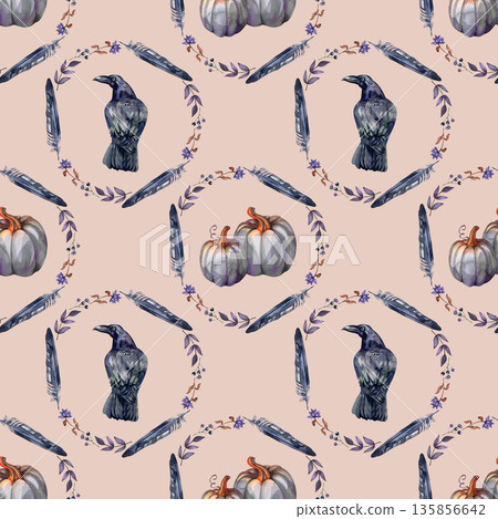 Watercolor seamless pattern featuring dark ravens and mystical pumpkins framed by delicate feather and floral wreaths. Elegant gothic harvest aesthetic, perfect for autumn decor and textiles. 135856642