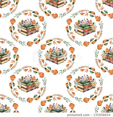 Seamless watercolor pattern featuring a repeating circular wreath of orange autumn leaves and green branches. The center of each wreath contains a stack of three vintage books with floral accents. Seamless watercolor pattern featuring a repeating circular wreath of orange autumn leaves and green branches. The center of each wreath contains a stack of three vintage books with floral accents. 135856654