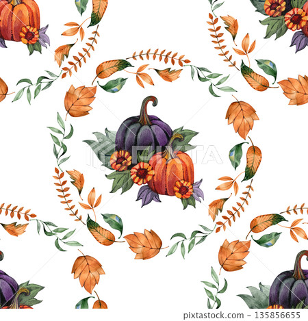 Seamless watercolor pattern featuring mystical pumpkins nestled within circular wreaths of orange and green autumn leaves. The repetitive design highlights vibrant harvest themes with dark purple 135856655