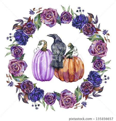 Hand-painted watercolor illustration of a mystical black crow perched between a light purple and a classic orange pumpkin. This central scene is enclosed within a lush circular wreath of dark purple 135856657