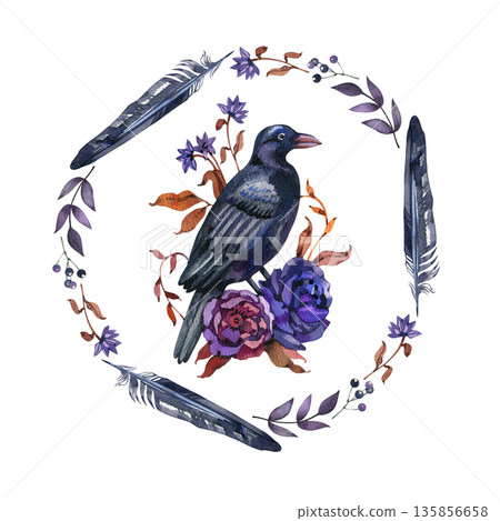 Watercolor mystical illustration of a black crow perched on dark purple flowers within a circular wreath. The magical frame features black feathers, botanical leaves, and small berries. 135856658