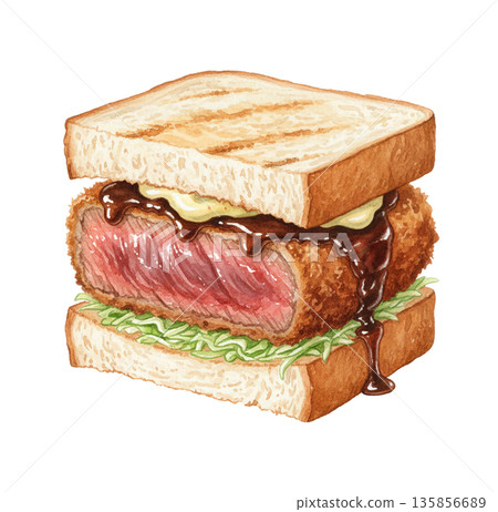 肉餅三明治的水彩畫 135856689