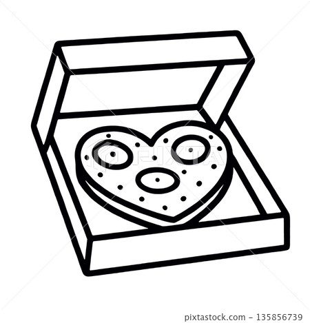 Heart shaped cookie in open box, sweet romantic gift, simple line art illustration Heart shaped cookie in open box, sweet romantic gift, simple line art illustration 135856739