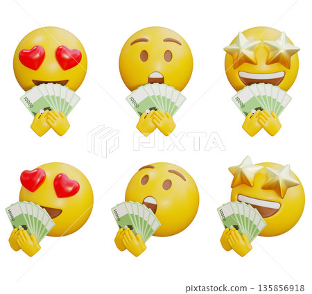 3D rendering of hands holding Emoji Korean 10000 won banknote 135856918