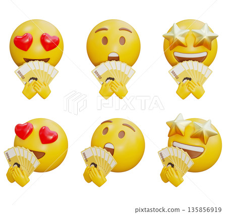 3D rendering of hands holding Emoji Korean 50000 won banknote 135856919