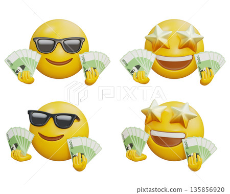 3D rendering of Emoji hands full of Korean 10000 won bills 135856920