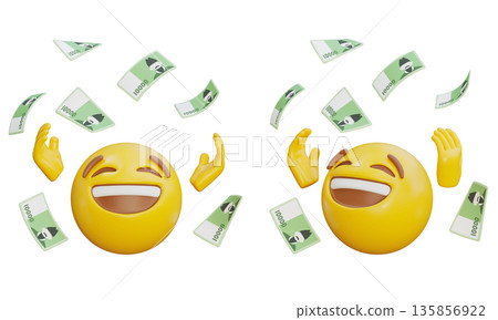 3D rendering of happy emoji with flying Korean 10000 won bills 135856922