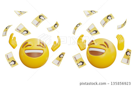 3D rendering of happy emoji with flying Korean 50000 won bills 135856923
