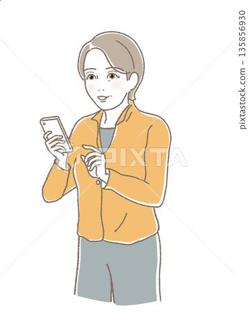 微笑的中老年婦女正在用智慧型手機查看訊息，老年人的數位化利用，生活規劃，向量 135856930