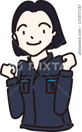 身穿工作服(藏藍色制服)的女性的插圖 身穿工作服(藏藍色制服)的女性的插圖 135857187