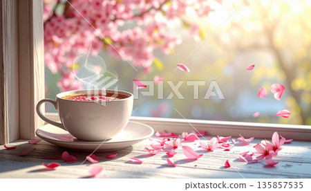 Spring cozy coffee. Steaming cup of coffee sits on windowsill surrounded by cherry blossom petals, evoking serene morning 135857535
