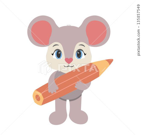 A cute little mouse with eyes, ears, and a large pencil in its paws. The character is ready for school. Color illustration in pastel tones, flat style. A cute little mouse with eyes, ears, and a large pencil in its paws. The character is ready for school. Color illustration in pastel tones, flat style. 135857549