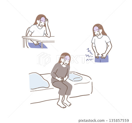 一組描繪一位女性腹痛的插圖 135857559