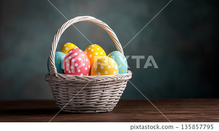Colorful Easter Eggs in White Basket on Wooden Table for Celebration and Holiday Decor Colorful Easter Eggs in White Basket on Wooden Table for Celebration and Holiday Decor 135857795