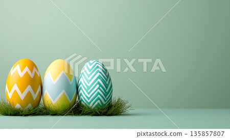Colorful Easter Eggs on Soft Green Surface with Grass Decoration for Spring Celebration 135857807