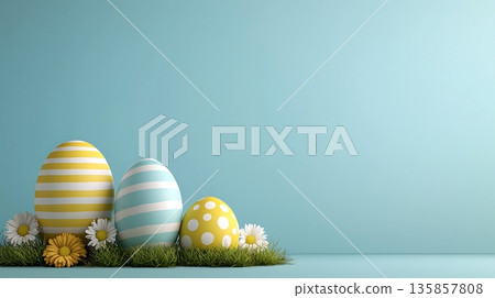 Colorful Easter Eggs with Stripes and Dots on a Soft Blue Background with Green Grass Colorful Easter Eggs with Stripes and Dots on a Soft Blue Background with Green Grass 135857808