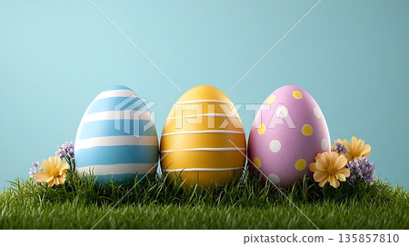 Colorful Easter Eggs on Grass Surrounded by Fresh Flowers Against a Blue Background 135857810