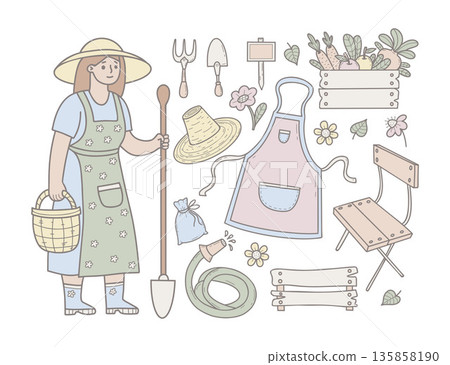 Gardening Set. Woman Farmer and Tools. Isolated Pastel Hand Drawn Doodle. Collection with Harvest and Garden Accessories. Vector illustration. Not AI Gardening Set. Woman Farmer and Tools. Isolated Pastel Hand Drawn Doodle. Collection with Harvest and Garden Accessories. Vector illustration. Not AI 135858190