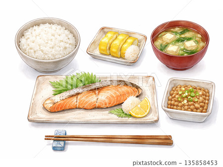 Japanese cuisine: Grilled salmon set meal 135858453