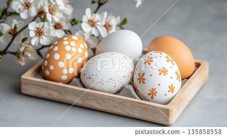 Colorful Decorated Eggs in Wooden Tray Surrounded by Blossom Flowers on Soft Background 135858558