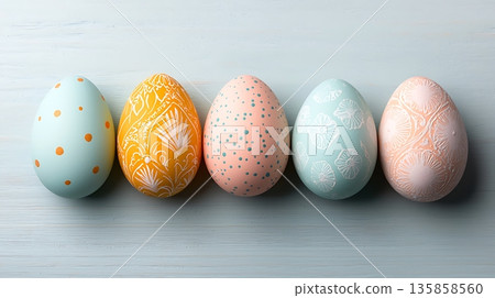 Colorful Easter Eggs with Unique Patterns on Light Wooden Background Colorful Easter Eggs with Unique Patterns on Light Wooden Background 135858560