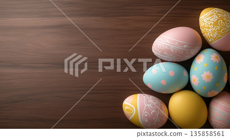 Colorful Decorative Easter Eggs on a Wooden Table Ready for Spring Celebration Colorful Decorative Easter Eggs on a Wooden Table Ready for Spring Celebration 135858561