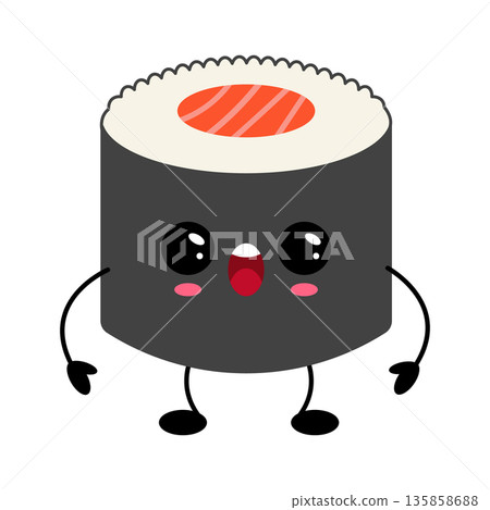 Cute Happy Sushi Roll Kawaii Food Character Illustration 135858688