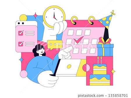 Event Planner Vector Illustration Featuring Party Decorations, Scheduling, Time Management, Business Agenda, And Calendar In Flat Style Background Event Planner Vector Illustration Featuring Party Decorations, Scheduling, Time Management, Business Agenda, And Calendar In Flat Style Background 135858701