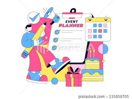 Event Planner Vector Illustration Featuring Party Decorations, Scheduling, Time Management, Business Agenda, And Calendar In Flat Style Background 135858705