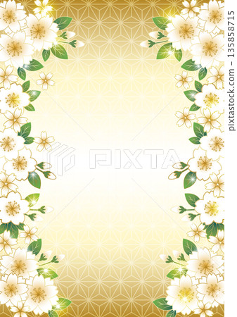 Cherry blossom, gold, hemp leaf pattern, vertical, background, illustration, cute 135858715
