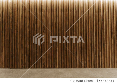 Wood Slat Wall Background with Concrete Floor and Ambient Lighting. High quality photo 135858834