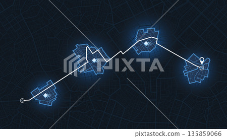 GPS tracking map with glowing blue city districts and white navigation route. Vector illustration. 135859066