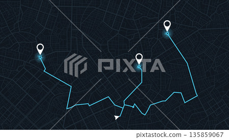 Dark mode GPS navigation map with light blue multi-stop route path and three location pin markers. Vector illustration. 135859067