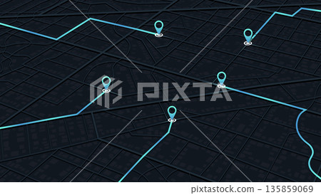 Dark theme city map navigation concept with neon route lines and location pins. Vector illustration. Dark theme city map navigation concept with neon route lines and location pins. Vector illustration. 135859069