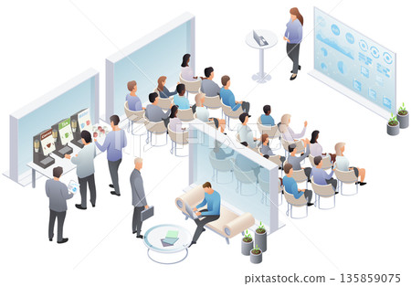 Isometric corporate seminar scene showing presentation to audience, lounge area and colleagues at coffee break station. Vector illustration. 135859075