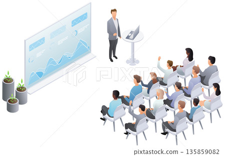 Isometric business presentation scene with speaker showing financial data charts to audience in seminar room. Vector illustration. Isometric business presentation scene with speaker showing financial data charts to audience in seminar room. Vector illustration. 135859082