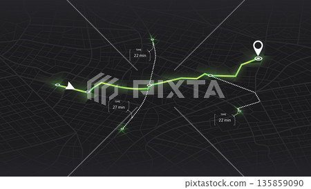 Dark mode city map navigation dashboard displaying optimal route path with travel time estimates and location pin. Vector illustration. 135859090
