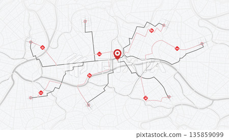 Closed turns of the route., district, road. Detailed view city. City navigation, GPS map. Vector Illustrations of Urban districts. landmarks. City top view. Red Sign Closed turns of the route., district, road. Detailed view city. City navigation, GPS map. Vector Illustrations of Urban districts. landmarks. City top view. Red Sign 135859099