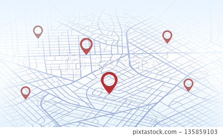 Perspective city map view with multiple red location markers on light blue street grid. GPS navigation concept for travel and delivery destinations. Vector illustration. 135859103